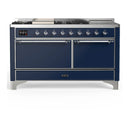 ILVE Majestic III 60-inch Dual Fuel Range with 5 Liquid Propane Burner, Griddle, French Top and Solid Door Electric Oven in Midnight Blue with Chrome Trim (UM60FSQNR3MBCLP)