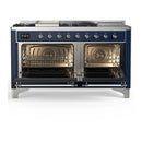 ILVE Majestic III 60-inch Dual Fuel Range with 5 Liquid Propane Burner, Griddle, French Top and Solid Door Electric Oven in Midnight Blue with Chrome Trim (UM60FSQNR3MBCLP)
