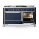ILVE Majestic III 60-inch Dual Fuel Range with 5 Liquid Propane Burner, Griddle, French Top and Solid Door Electric Oven in Midnight Blue with Chrome Trim (UM60FSQNR3MBCLP)