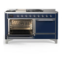 ILVE Majestic III 60-inch Dual Fuel Range with 5 Liquid Propane Burner, Griddle, French Top and Solid Door Electric Oven in Midnight Blue with Chrome Trim (UM60FSQNR3MBCLP)