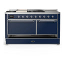 ILVE Majestic III 60-inch Dual Fuel Range with 7 Natural Gas Burner, Griddle, French Top and Solid Door Electric Oven in Midnight Blue with Chrome Trim (UM60FSQNR3MBC)