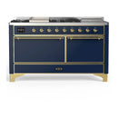 ILVE Majestic III 60-inch Dual Fuel Range with 5 Liquid Propane Burner, Griddle, French Top and Solid Door Electric Oven in Blue Grey with Brass Trim (UM60FSQNR3MBGLP)