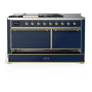 ILVE Majestic III 60-inch Dual Fuel Range with 5 Liquid Propane Burner, Griddle, French Top and Solid Door Electric Oven in Blue Grey with Brass Trim (UM60FSQNR3MBGLP)