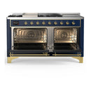 ILVE Majestic III 60-inch Dual Fuel Range with 7 Natural Gas Burner, Griddle, French Top and Solid Door Electric Oven in Blue Grey with Brass Trim (UM60FSQNR3MBG)