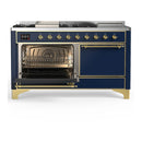 ILVE Majestic III 60-inch Dual Fuel Range with 7 Natural Gas Burner, Griddle, French Top and Solid Door Electric Oven in Blue Grey with Brass Trim (UM60FSQNR3MBG)