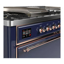 ILVE Majestic III 60-inch Dual Fuel Range with 7 Natural Gas Burner, Griddle, French Top and Solid Door Electric Oven in Midnight Blue with Copper Trim (UM60FSQNR3MBP)
