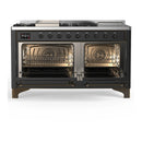 ILVE Majestic III 60-inch Dual Fuel Range with 5 Liquid Propane Burner, Griddle, French Top and Solid Door Electric Oven in Graphite Matte with Burnished Trim (UM60FSQNR3MGBLP)