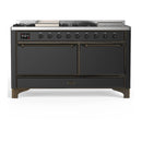 ILVE Majestic III 60-inch Dual Fuel Range with 7 Natural Gas Burner, Griddle, French Top and Solid Door Electric Oven in Graphite Matte with Burnished Trim (UM60FSQNR3MGB)