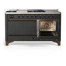 ILVE Majestic III 60-inch Dual Fuel Range with 7 Natural Gas Burner, Griddle, French Top and Solid Door Electric Oven in Graphite Matte with Burnished Trim (UM60FSQNR3MGB)