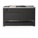 ILVE Majestic III 60-inch Dual Fuel Range with 7 Natural Gas Burner, Griddle, French Top and Solid Door Electric Oven in Graphite Matte with Burnished Trim (UM60FSQNR3MGB)