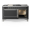ILVE Majestic III 60-inch Dual Fuel Range with 5 Liquid Propane Burner, Griddle, French Top and Solid Door Electric Oven in Graphite Matte with Chrome Trim (UM60FSQNR3MGCLP)