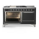 ILVE Majestic III 60-inch Dual Fuel Range with 5 Liquid Propane Burner, Griddle, French Top and Solid Door Electric Oven in Graphite Matte with Chrome Trim (UM60FSQNR3MGCLP)
