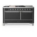 ILVE Majestic III 60-inch Dual Fuel Range with 7 Natural Gas Burner, Griddle, French Top and Solid Door Electric Oven in Graphite Matte with Chrome Trim (UM60FSQNR3MGC)