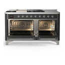ILVE Majestic III 60-inch Dual Fuel Range with 7 Natural Gas Burner, Griddle, French Top and Solid Door Electric Oven in Graphite Matte with Chrome Trim (UM60FSQNR3MGC)