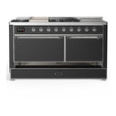 ILVE Majestic III 60-inch Dual Fuel Range with 7 Natural Gas Burner, Griddle, French Top and Solid Door Electric Oven in Graphite Matte with Chrome Trim (UM60FSQNR3MGC)