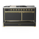 ILVE Majestic III 60-inch Dual Fuel Range with 7 Natural Gas Burner, Griddle, French Top and Solid Door Electric Oven in Graphite Matte with Brass Trim (UM60FSQNR3MGG)