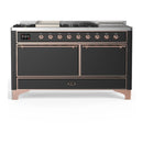 ILVE Majestic III 60-inch Dual Fuel Range with 7 Natural Gas Burner, Griddle, French Top and Solid Door Electric Oven in Graphite Matte with Copper Trim (UM60FSQNR3MGP)