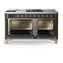 ILVE Majestic III 60-inch Dual Fuel Range with 7 Natural Gas Burner, Griddle, French Top and Solid Door Electric Oven in Graphite Matte with Copper Trim (UM60FSQNR3MGP)