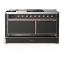 ILVE Majestic III 60-inch Dual Fuel Range with 7 Natural Gas Burner, Griddle, French Top and Solid Door Electric Oven in Graphite Matte with Copper Trim (UM60FSQNR3MGP)