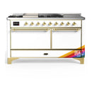 ILVE Majestic III 60-inch Dual Fuel Range with 7 Natural Gas Burner, Griddle, French Top and Solid Door Electric Oven in RAL with Brass Trim (UM60FSQNR3RAG)