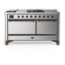 ILVE Majestic III 60-inch Dual Fuel Range with 7 Natural Gas Burner, Griddle, French Top and Solid Door Electric Oven in Stainless Steel with Burnished Trim (UM60FSQNR3SSB)