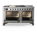 ILVE Majestic III 60-inch Dual Fuel Range with 7 Natural Gas Burner, Griddle, French Top and Solid Door Electric Oven in Stainless Steel with Burnished Trim (UM60FSQNR3SSB)