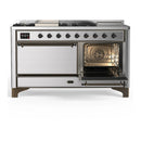 ILVE Majestic III 60-inch Dual Fuel Range with 7 Natural Gas Burner, Griddle, French Top and Solid Door Electric Oven in Stainless Steel with Burnished Trim (UM60FSQNR3SSB)
