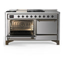 ILVE Majestic III 60-inch Dual Fuel Range with 7 Natural Gas Burner, Griddle, French Top and Solid Door Electric Oven in Stainless Steel with Burnished Trim (UM60FSQNR3SSB)