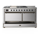 ILVE Majestic III 60-inch Dual Fuel Range with 7 Natural Gas Burner, Griddle, French Top and Solid Door Electric Oven in Stainless Steel with Burnished Trim (UM60FSQNR3SSB)