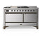 ILVE Majestic III 60-inch Dual Fuel Range with 7 Natural Gas Burner, Griddle, French Top and Solid Door Electric Oven in Stainless Steel with Burnished Trim (UM60FSQNR3SSB)