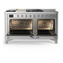 ILVE Majestic III 60-inch Dual Fuel Range with 5 Liquid Propane Burner, Griddle, French Top and Solid Door Electric Oven in Stainless Steel with Chrome Trim (UM60FSQNR3SSCLP)