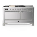 ILVE Majestic III 60-inch Dual Fuel Range with 7 Natural Gas Burner, Griddle, French Top and Solid Door Electric Oven in Stainless Steel with Chrome Trim (UM60FSQNR3SSC)