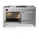 ILVE Majestic III 60-inch Dual Fuel Range with 7 Natural Gas Burner, Griddle, French Top and Solid Door Electric Oven in Stainless Steel with Chrome Trim (UM60FSQNR3SSC)