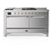 ILVE Majestic III 60-inch Dual Fuel Range with 7 Natural Gas Burner, Griddle, French Top and Solid Door Electric Oven in Stainless Steel with Chrome Trim (UM60FSQNR3SSC)