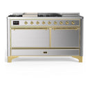 ILVE Majestic III 60-Inch Dual Fuel Range with 5 Liquid Propane Burner, Griddle, French Top and Solid Door Electric Oven in Stainless Steel with Brass Trim (UM60FSQNR3SSGLP)