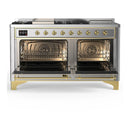 ILVE Majestic III 60-Inch Dual Fuel Range with 5 Liquid Propane Burner, Griddle, French Top and Solid Door Electric Oven in Stainless Steel with Brass Trim (UM60FSQNR3SSGLP)