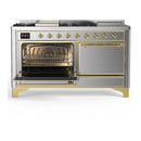 ILVE Majestic III 60-Inch Dual Fuel Range with 5 Liquid Propane Burner, Griddle, French Top and Solid Door Electric Oven in Stainless Steel with Brass Trim (UM60FSQNR3SSGLP)