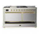 ILVE Majestic III 60-Inch Dual Fuel Range with 5 Liquid Propane Burner, Griddle, French Top and Solid Door Electric Oven in Stainless Steel with Brass Trim (UM60FSQNR3SSGLP)