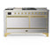 ILVE Majestic III 60-inch Dual Fuel Range with 7 Natural Gas Burner, Griddle, French Top and Solid Door Electric Oven in Stainless Steel with Brass Trim (UM60FSQNR3SSG)