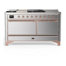 ILVE Majestic III 60-inch Dual Fuel Range with 7 Natural Gas Burner, Griddle, French Top and Solid Door Electric Oven in Stainless Steel with Copper Trim (UM60FSQNR3SSP)