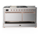 ILVE Majestic III 60-inch Dual Fuel Range with 7 Natural Gas Burner, Griddle, French Top and Solid Door Electric Oven in Stainless Steel with Copper Trim (UM60FSQNR3SSP)