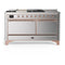 ILVE Majestic III 60-inch Dual Fuel Range with 7 Natural Gas Burner, Griddle, French Top and Solid Door Electric Oven in Stainless Steel with Copper Trim (UM60FSQNR3SSP)