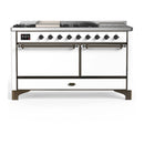 ILVE Majestic III 60-inch Dual Fuel Range with 7 Natural Gas Burner, Griddle, French Top and Solid Door Electric Oven in White with Burnished Trim (UM60FSQNR3WHB)