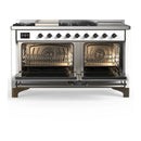 ILVE Majestic III 60-inch Dual Fuel Range with 7 Natural Gas Burner, Griddle, French Top and Solid Door Electric Oven in White with Burnished Trim (UM60FSQNR3WHB)