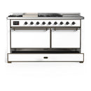 ILVE Majestic III 60-inch Dual Fuel Range with 7 Natural Gas Burner, Griddle, French Top and Solid Door Electric Oven in White with Burnished Trim (UM60FSQNR3WHB)