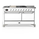 ILVE Majestic III 60-inch Dual Fuel Range with 7 Natural Gas Burner, Griddle, French Top and Solid Door Electric Oven in White with Chrome Trim (UM60FSQNR3WHC)