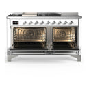 ILVE Majestic III 60-inch Dual Fuel Range with 7 Natural Gas Burner, Griddle, French Top and Solid Door Electric Oven in White with Chrome Trim (UM60FSQNR3WHC)