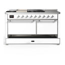 ILVE Majestic III 60-inch Dual Fuel Range with 7 Natural Gas Burner, Griddle, French Top and Solid Door Electric Oven in White with Chrome Trim (UM60FSQNR3WHC)