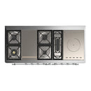 ILVE Majestic III 60-inch Dual Fuel Range with 7 Natural Gas Burner, Griddle, French Top and Solid Door Electric Oven in White with Chrome Trim (UM60FSQNR3WHC)
