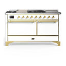 ILVE Majestic III 60-inch Dual Fuel Range with 7 Natural Gas Burner, Griddle, French Top and Solid Door Electric Oven in White with Brass Trim (UM60FSQNR3WHG)